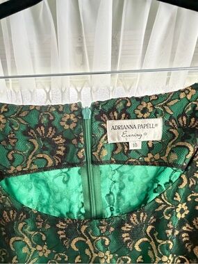 Adrianna Papell Emerald Green and Gold Brocade Asymmetrical Dress